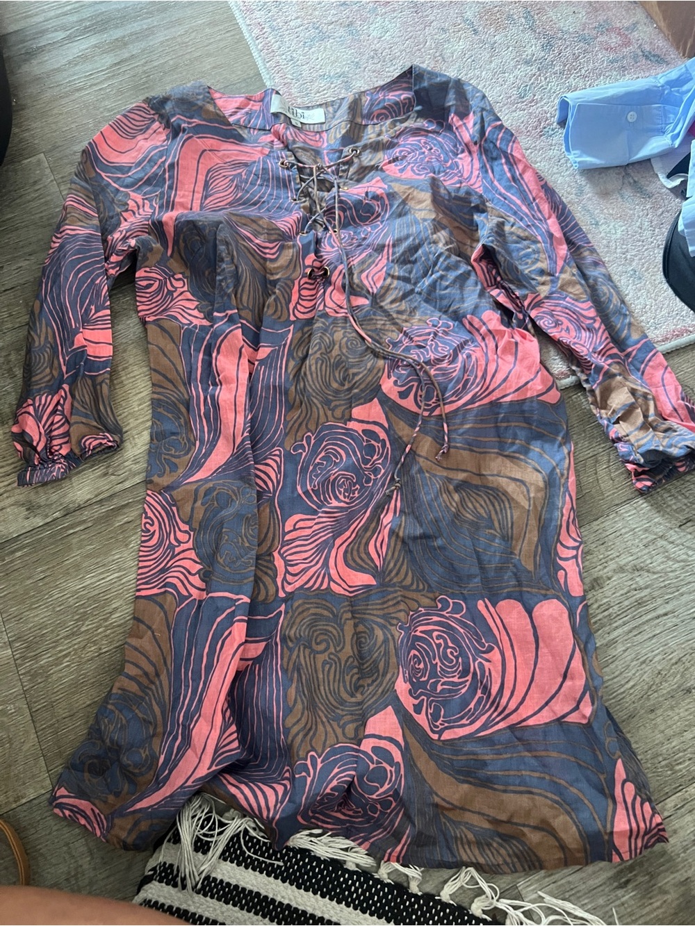 Tibi Boho Lace-Up Tunic Dress in Pink, Navy & Brown